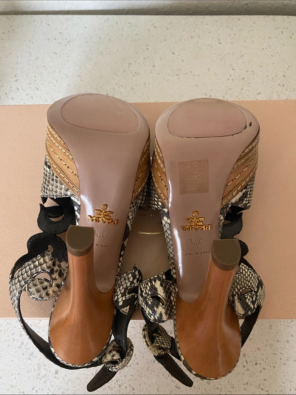 Prada Black and Cream Snakeskin-Effect Platform Heels - Picture 7 of 16
